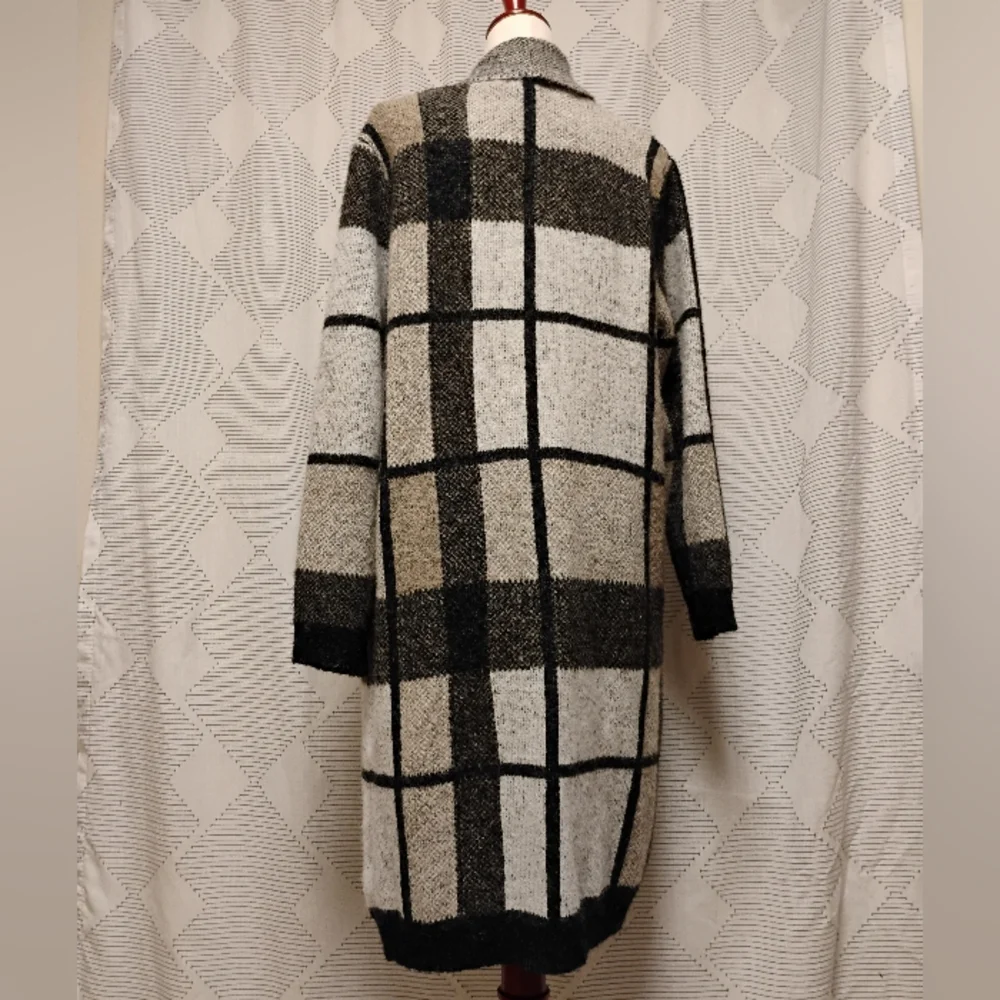Joseph A Plaid Open Front Long Cardigan Sweater Cozy Pockets Women's Size Medium